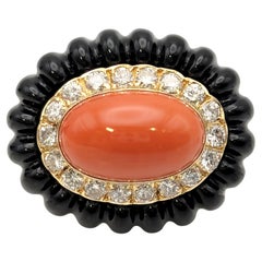 Coral and Black Jade Statement Ring with Diamond Halo in 14 Karat Yellow Gold
