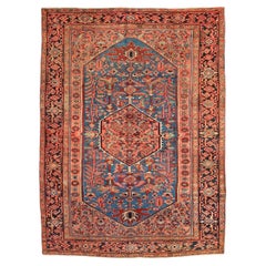 Coral and Blue Tribal Central Medallion Heriz Rug