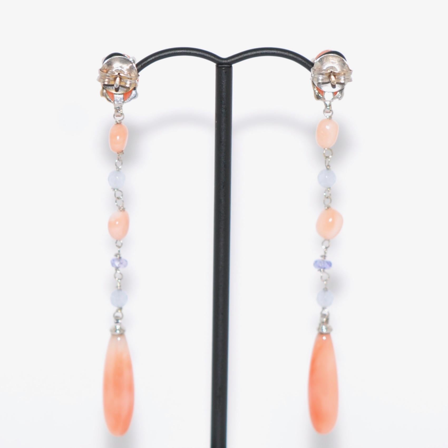 Coral and Chalcedony on White Gold 18 Karat Chandelier Earrings In New Condition In Vannes, FR