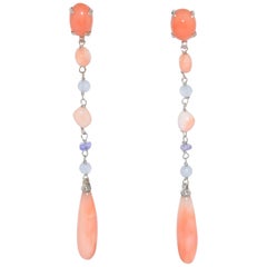 Coral and Chalcedony on White Gold 18 Karat Chandelier Earrings