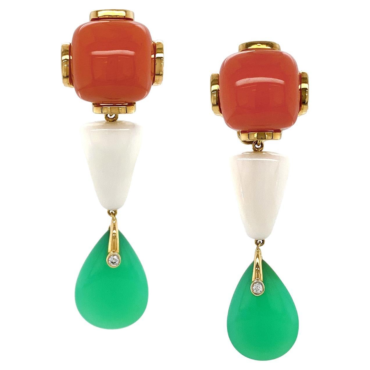 Red, White Coral and Chrysoprase 18K Yellow Gold Diamond Drop Earrings