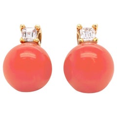 Coral and Diamond 18 Carat Yellow Gold Stud Earrings