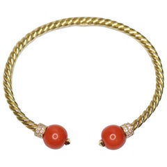 Coral and Diamond 18 Karat Gold Bangle