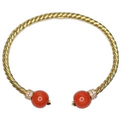 Coral and Diamond 18 Karat Gold Bangle