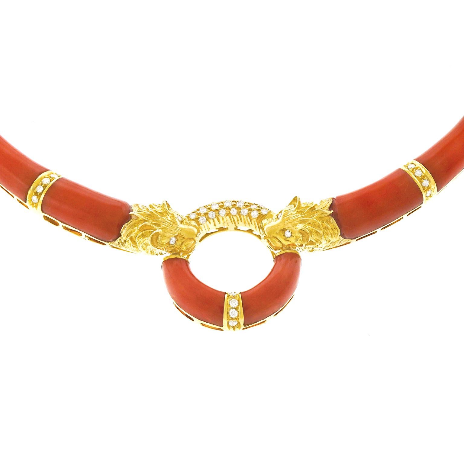 Coral and Diamond 1970s Gold Necklace 1