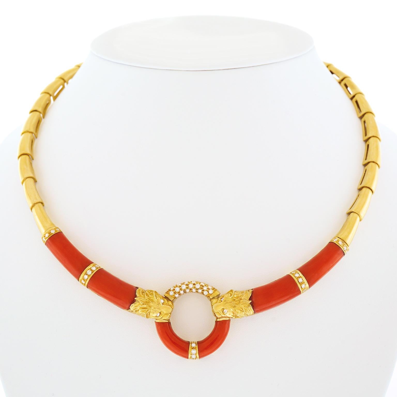 Coral and Diamond 1970s Gold Necklace 3