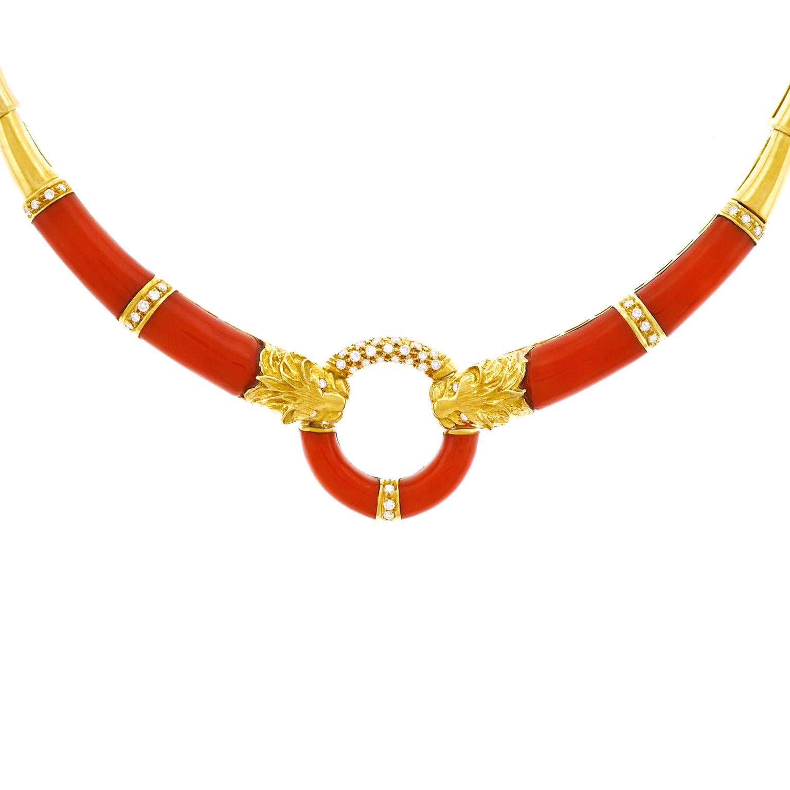 Coral and Diamond 1970s Gold Necklace 5