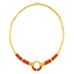 Coral and Diamond 1970s Gold Necklace