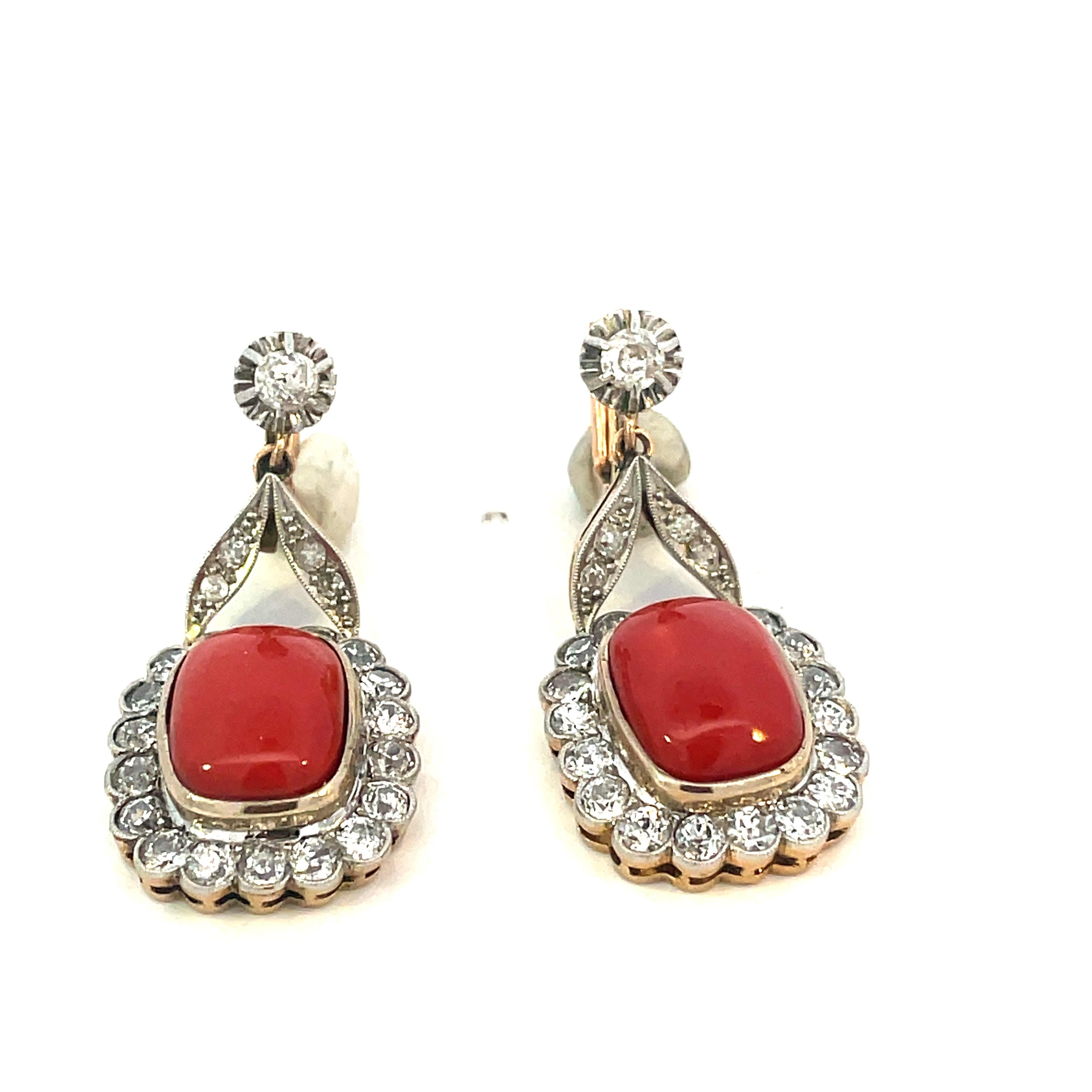 Edwardian Coral and Diamond antique earrings 