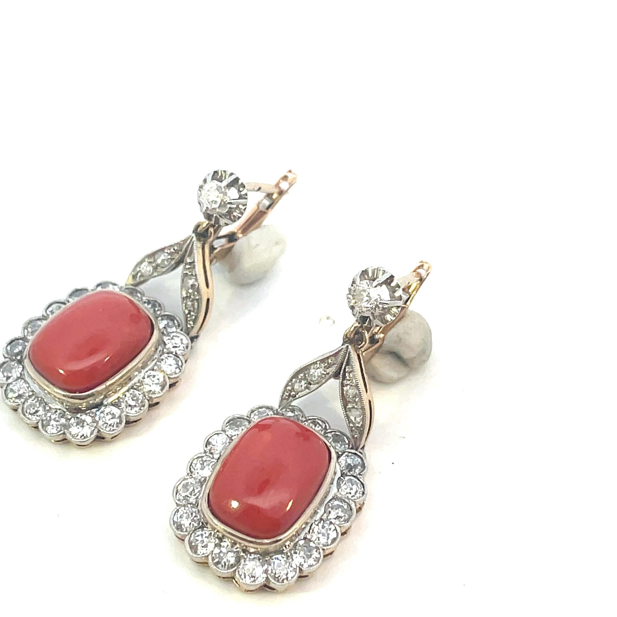 Round Cut Coral and Diamond antique earrings 
