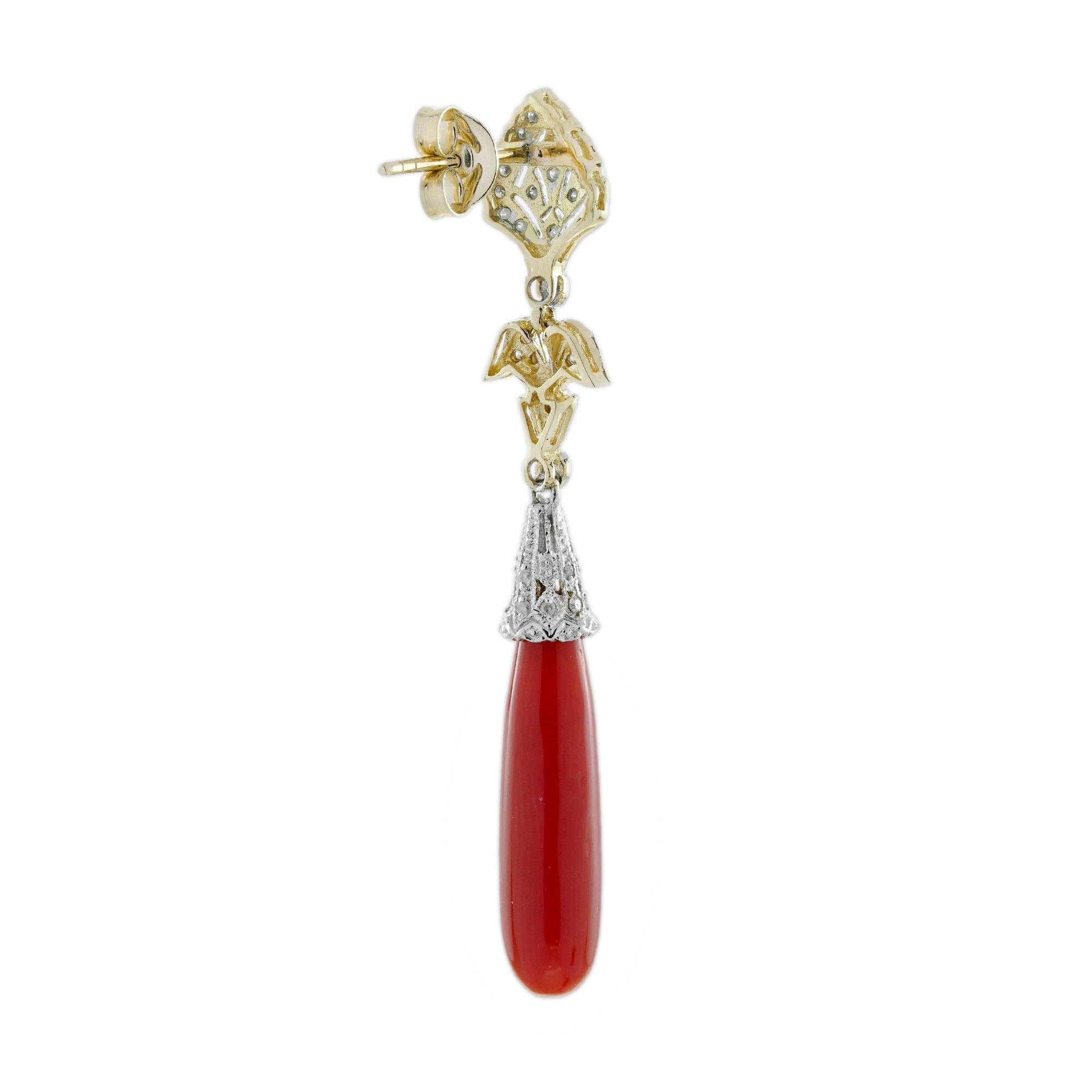 Taille ovale Pendants d'oreilles de style Art déco en or jaune 9 carats, corail et diamants en vente