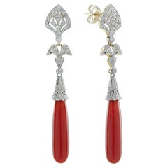 Coral and Diamond Art Deco Style Dangle Earrings in 9K Yellow Gold