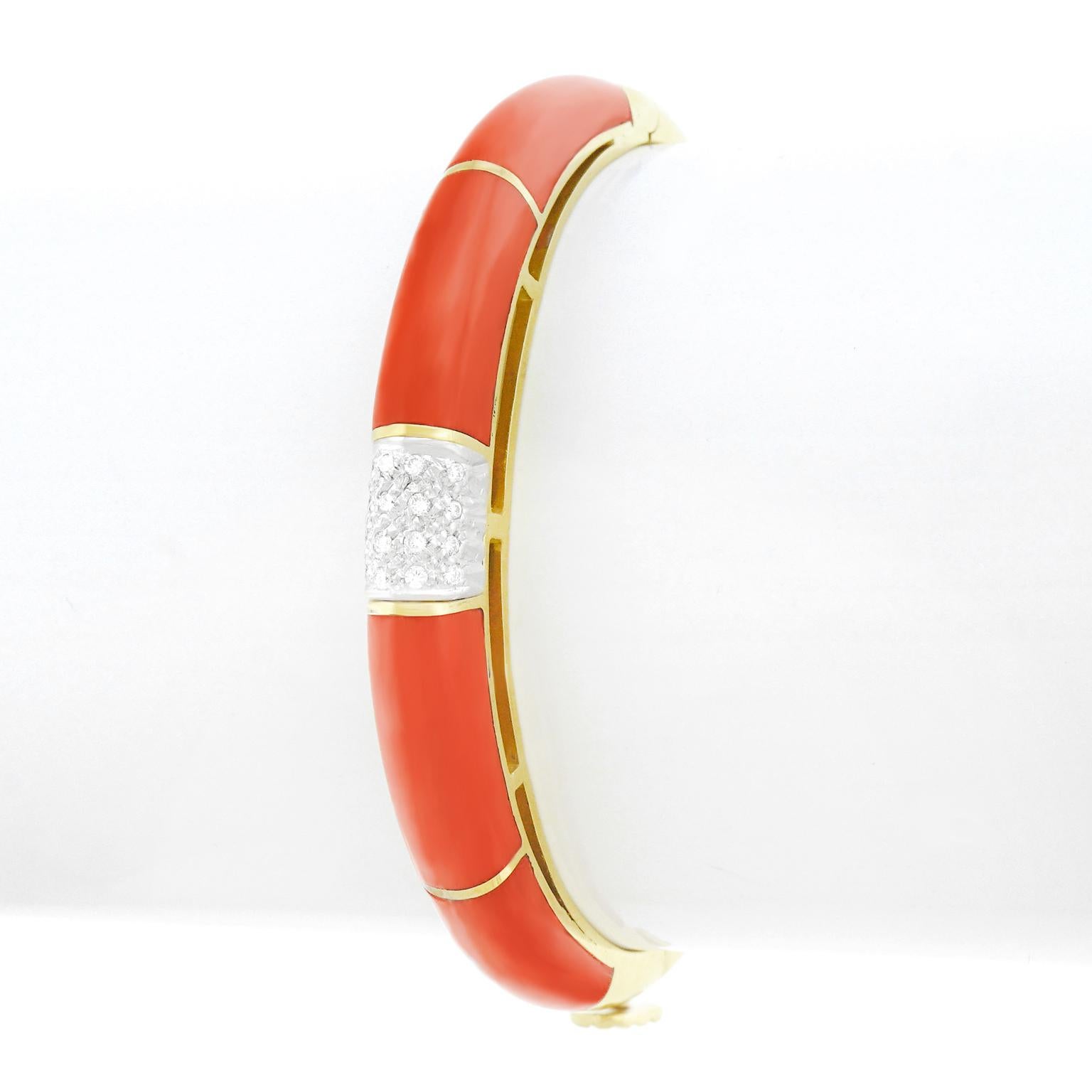 Coral and Diamond Bangle Bracelet In Excellent Condition In Litchfield, CT