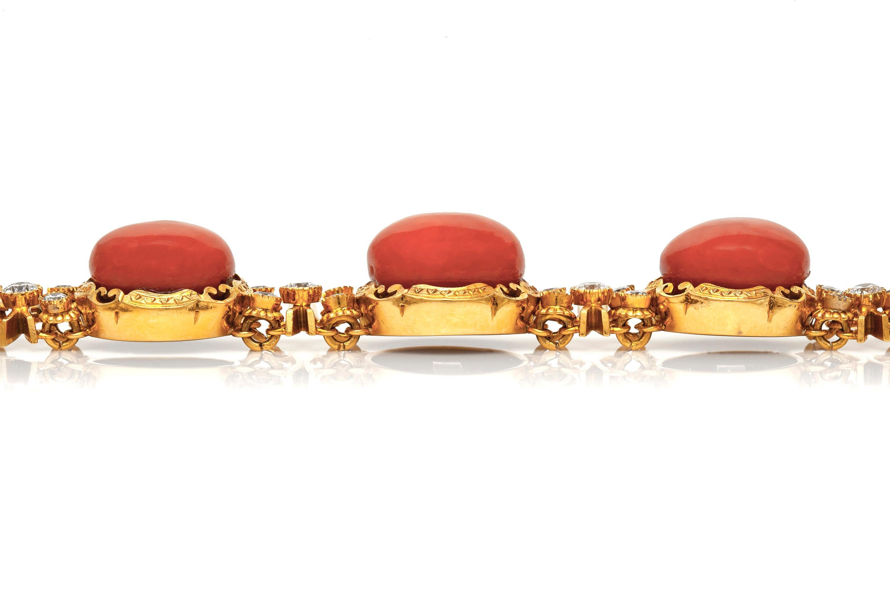 18K, 7 CORALS, 32 DIA 4
Coral and diamond bracelet,finely crafted in 18 k yellow gold ,featuring approximately 4.00 carat diamond and 7 coral.