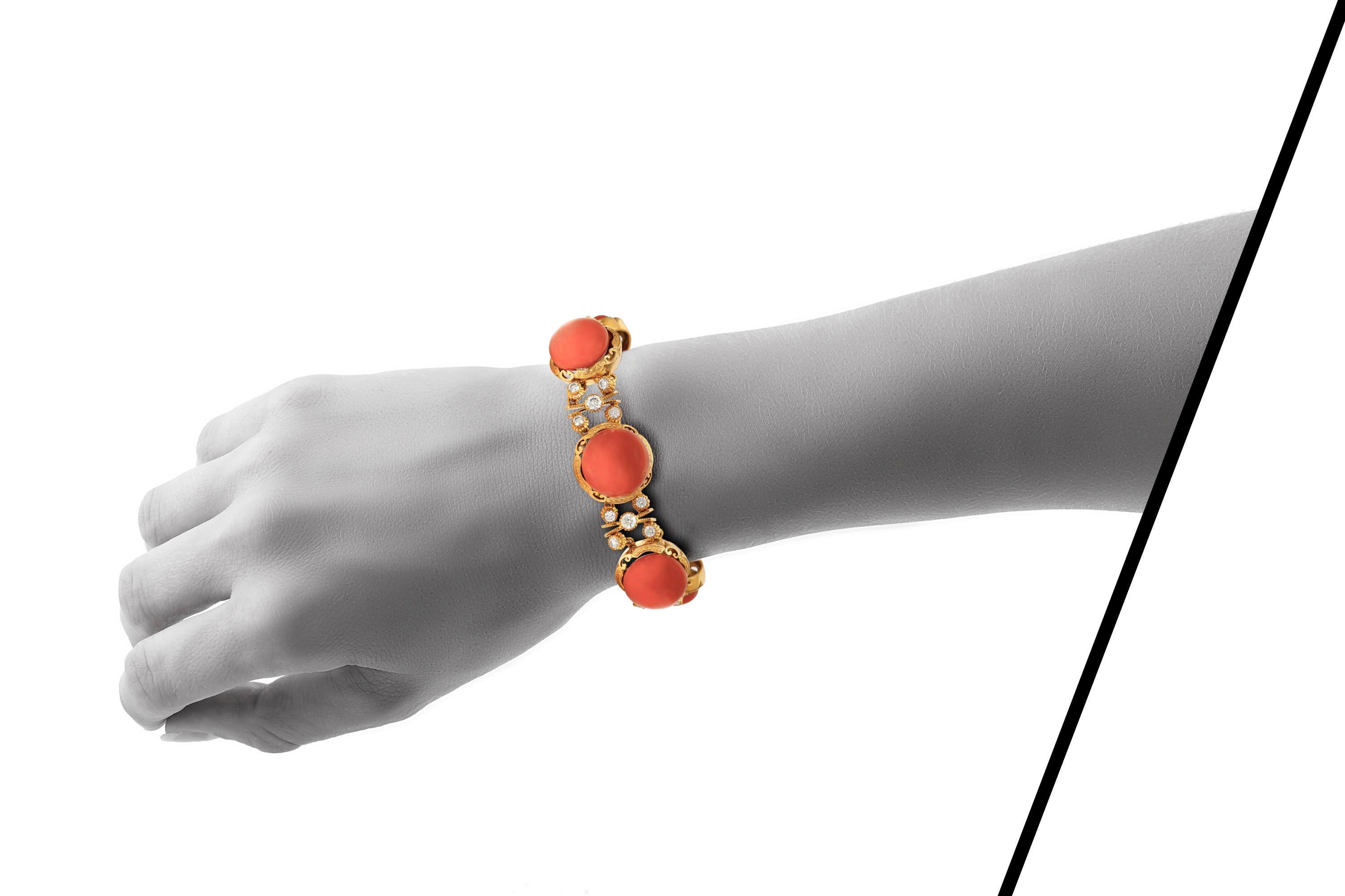 Cabochon Coral and Diamond Bracelet For Sale