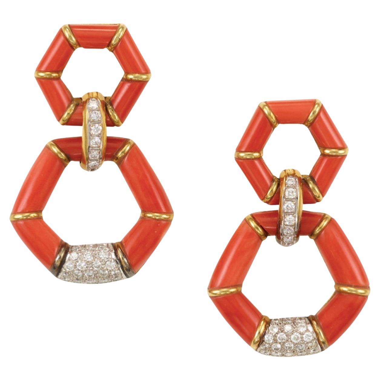 Coral and Diamond ‘Door Knocker’ Style Gold Earrings