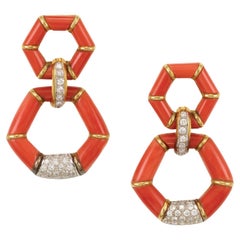 Vintage Coral and Diamond ‘Door Knocker’ Style Gold Earrings