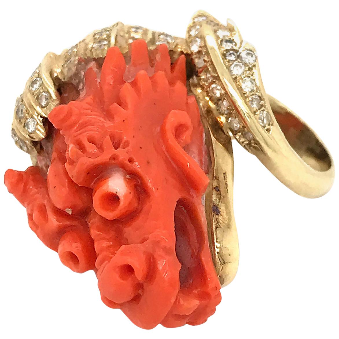 Estate 18K Yellow Gold Carved Coral and Diamond Dragon Head Ring For Sale