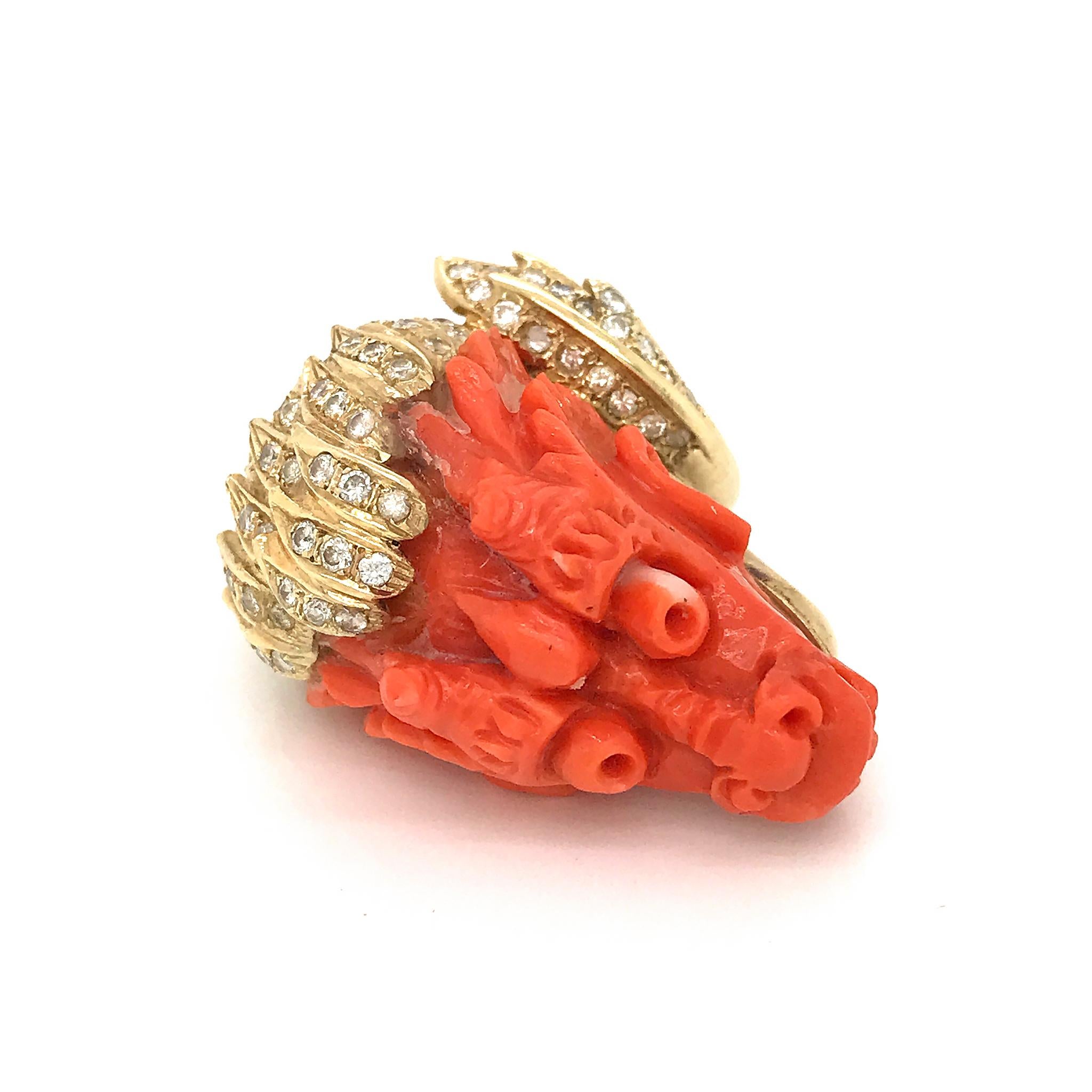 Round Cut Estate 18K Yellow Gold Carved Coral and Diamond Dragon Head Ring For Sale