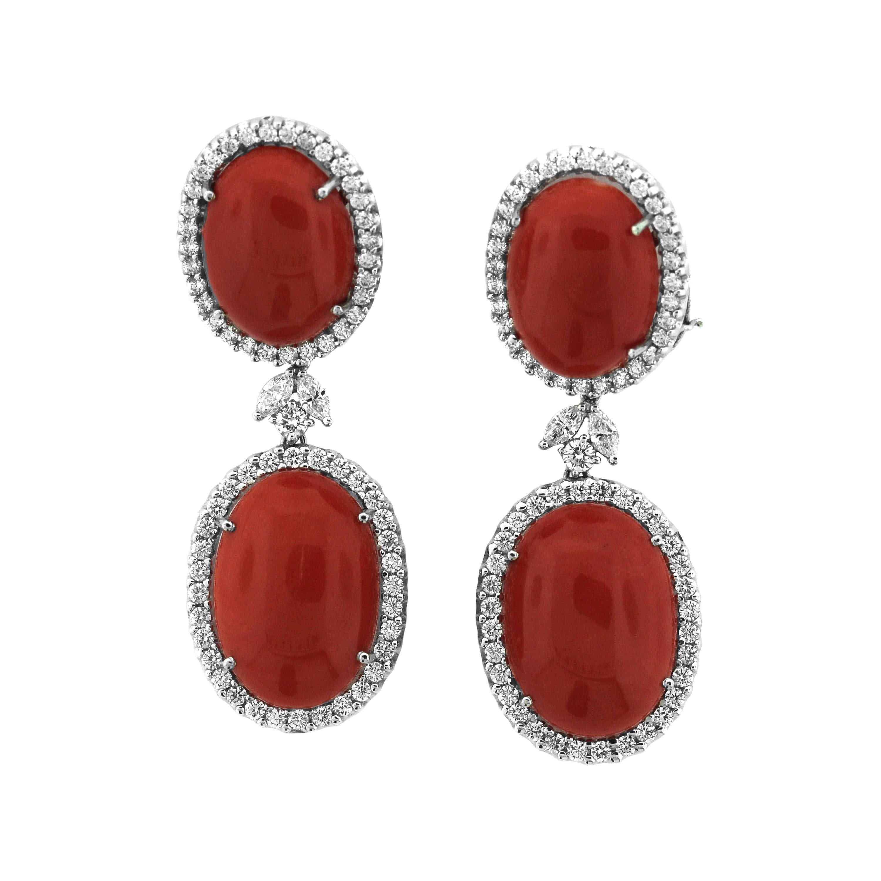 Coral and Diamond Drop Earrings with White Gold