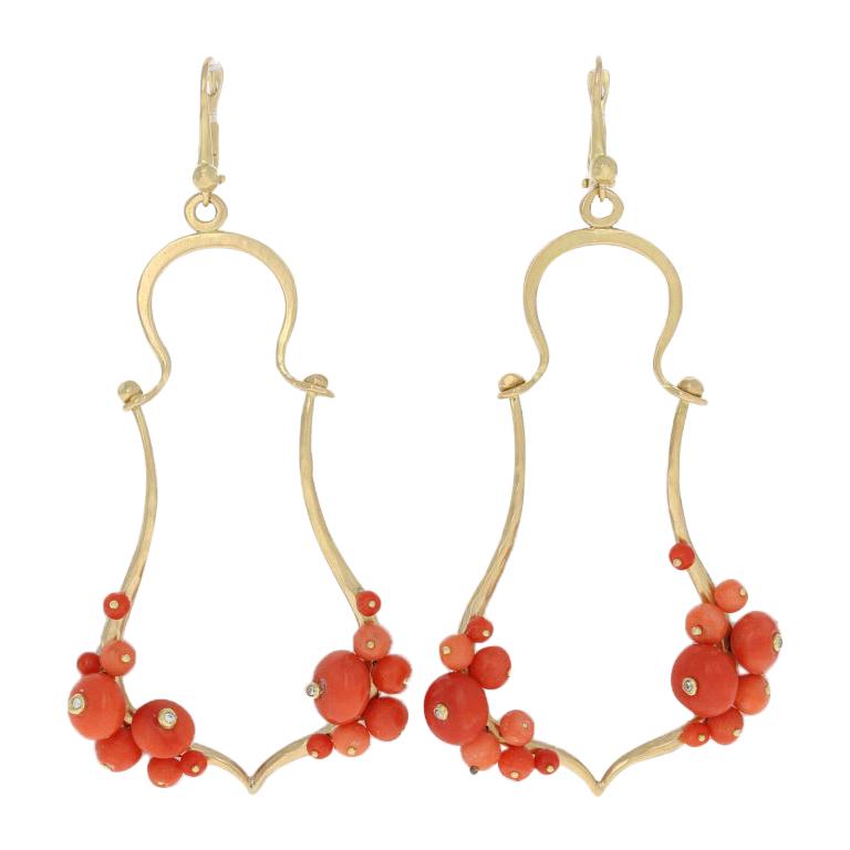 Coral and Diamond Earrings, 18 Karat Yellow Gold Pierced Dangles