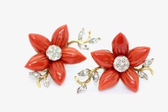 Coral and Diamond Earrings, Ear Studs, Clips, Floral Design, 18 Karat Gold.