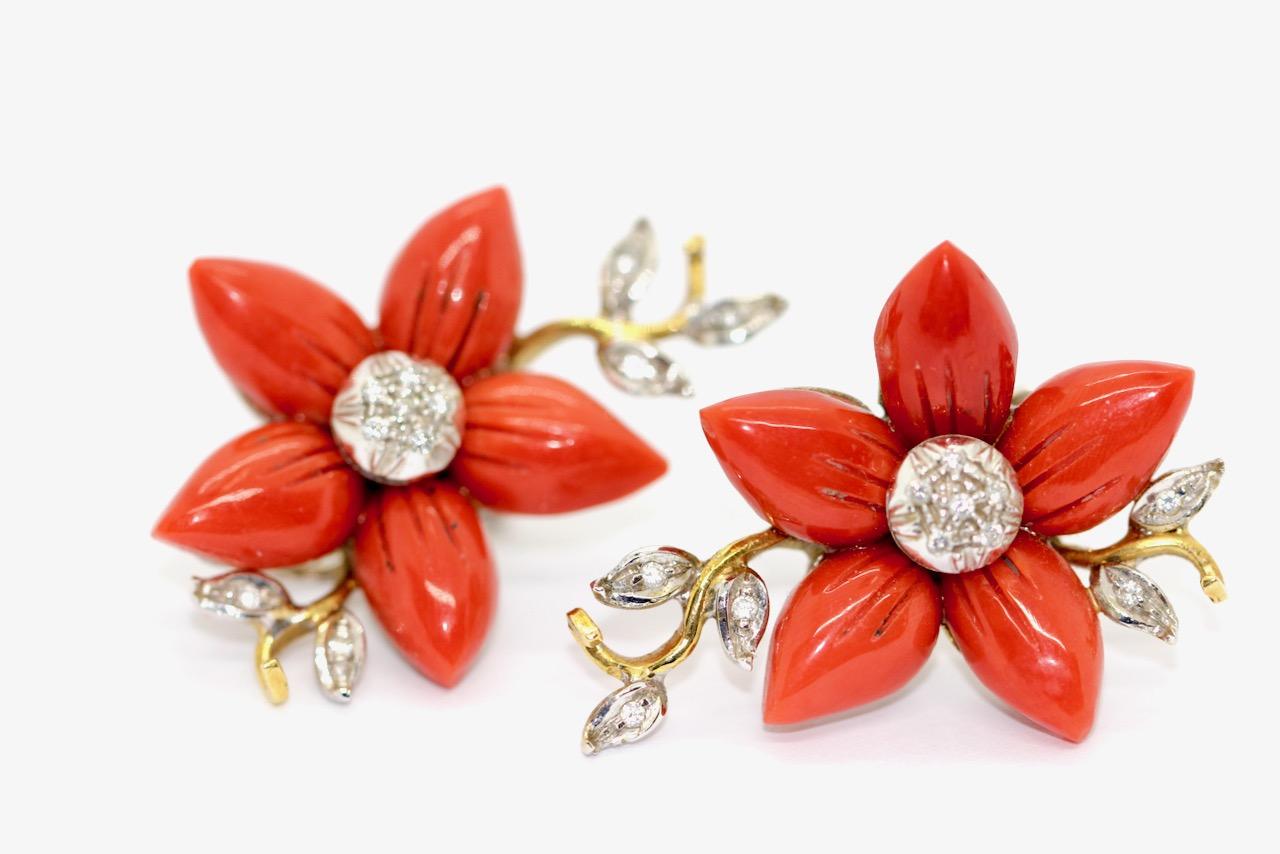 Round Cut Coral and Diamond Earrings, Ear Studs, Clips, Floral Design, 18 Karat Gold.  For Sale