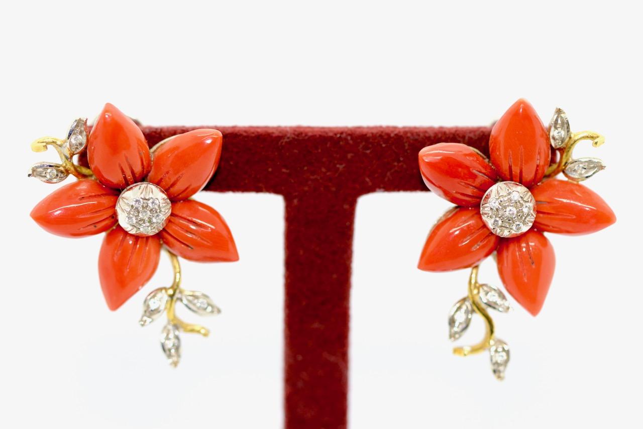 Coral and Diamond Earrings, Ear Studs, Clips, Floral Design, 18 Karat Gold.  For Sale 1