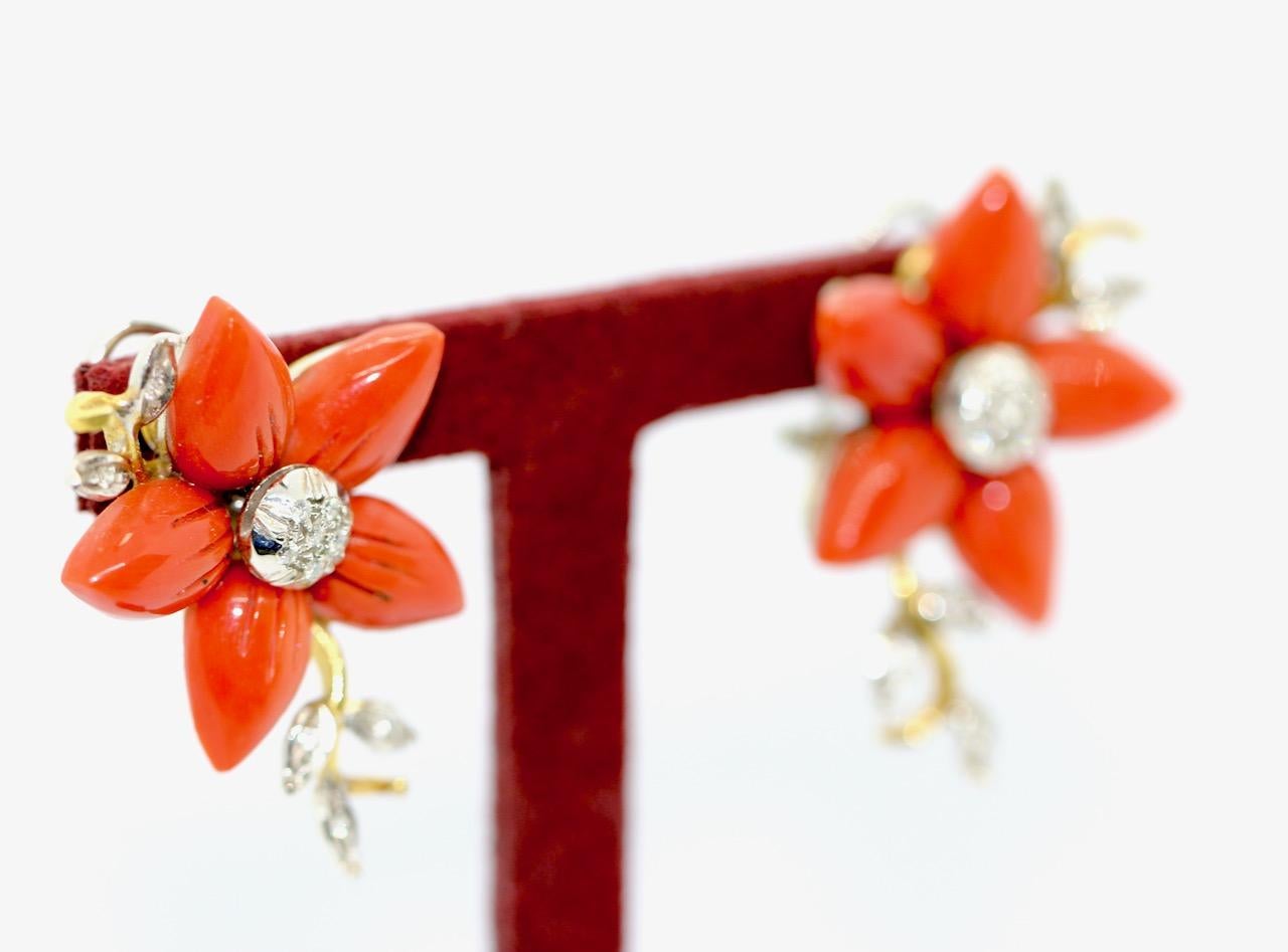 Coral and Diamond Earrings, Ear Studs, Clips, Floral Design, 18 Karat Gold.  For Sale 2