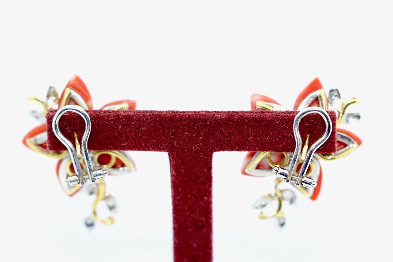 Coral and Diamond Earrings, Ear Studs, Clips, Floral Design, 18 Karat Gold. For Sale 1