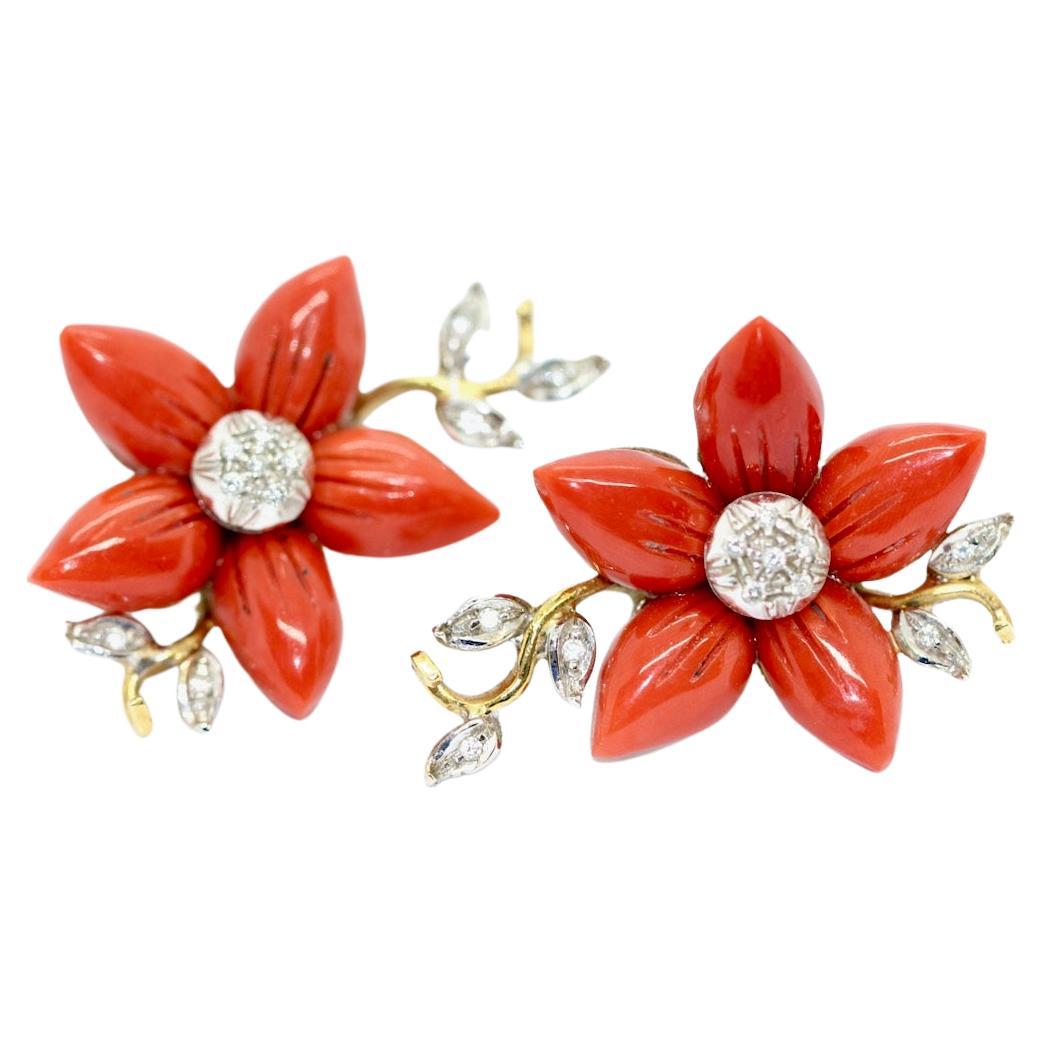 Coral and Diamond Earrings, Ear Studs, Clips, Floral Design, 18 Karat Gold.  For Sale
