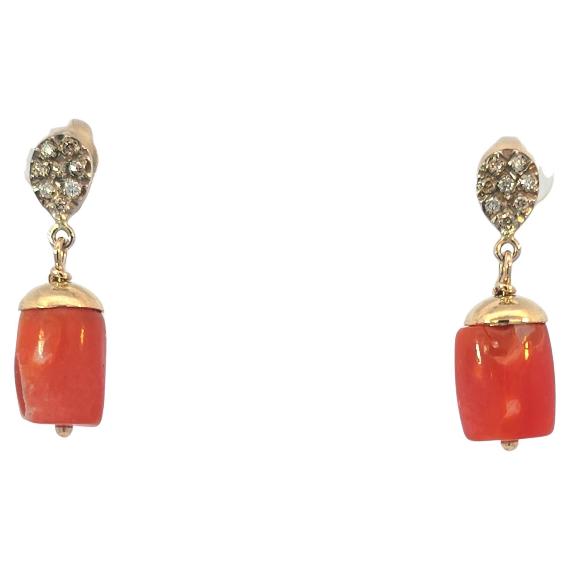 Coral and Diamond Earrings in 18 Karat Yellow Gold