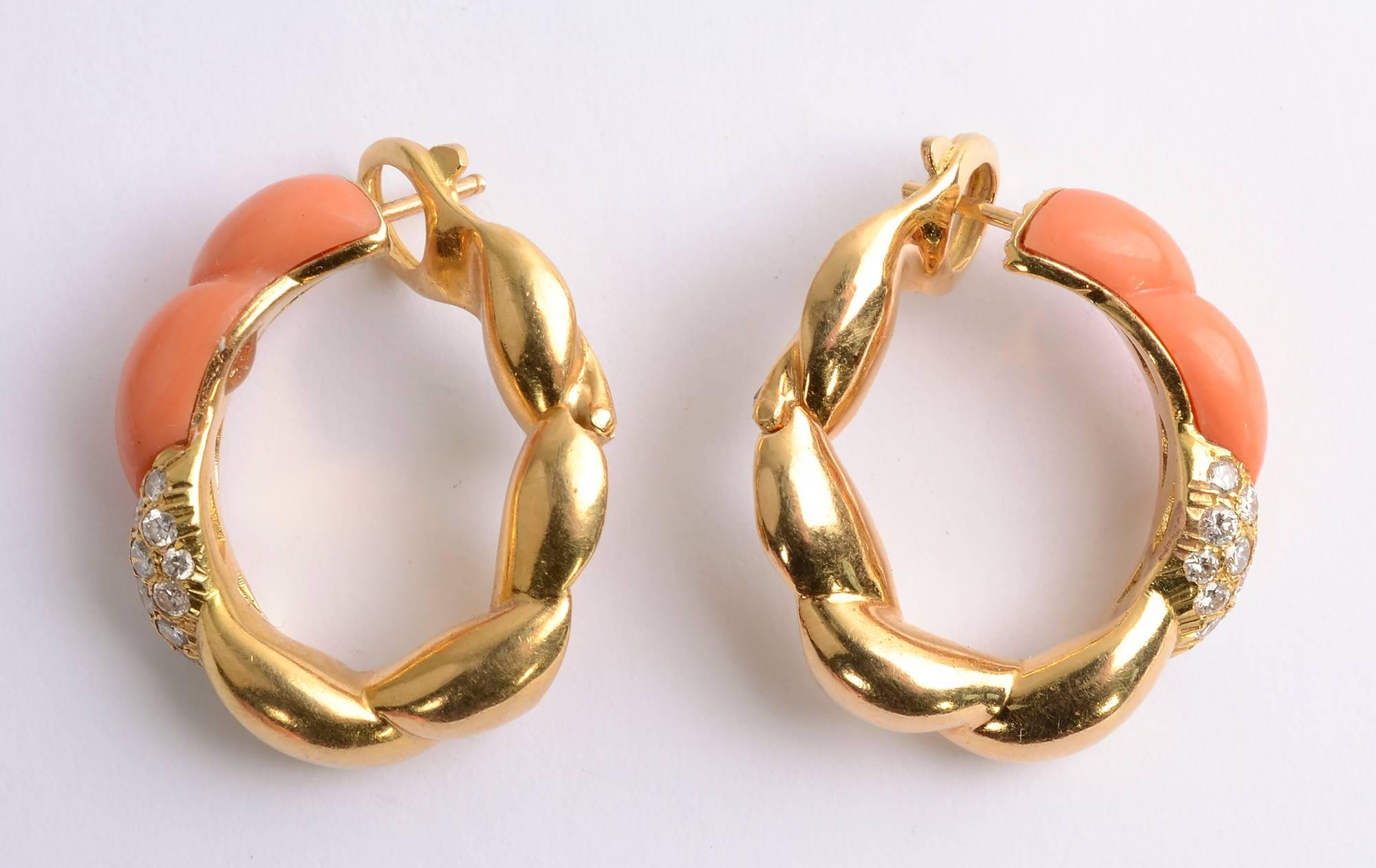 Modern Coral and Diamond Gold Hoop Earrings