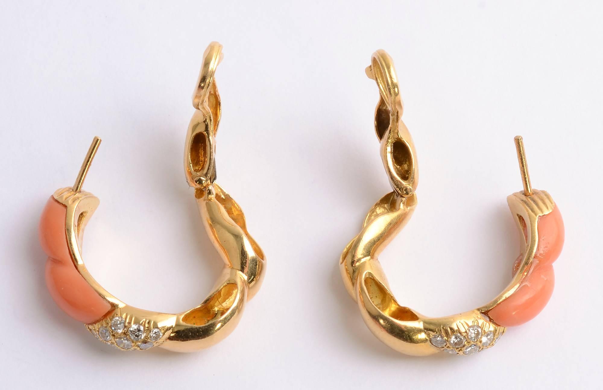 Women's Coral and Diamond Gold Hoop Earrings