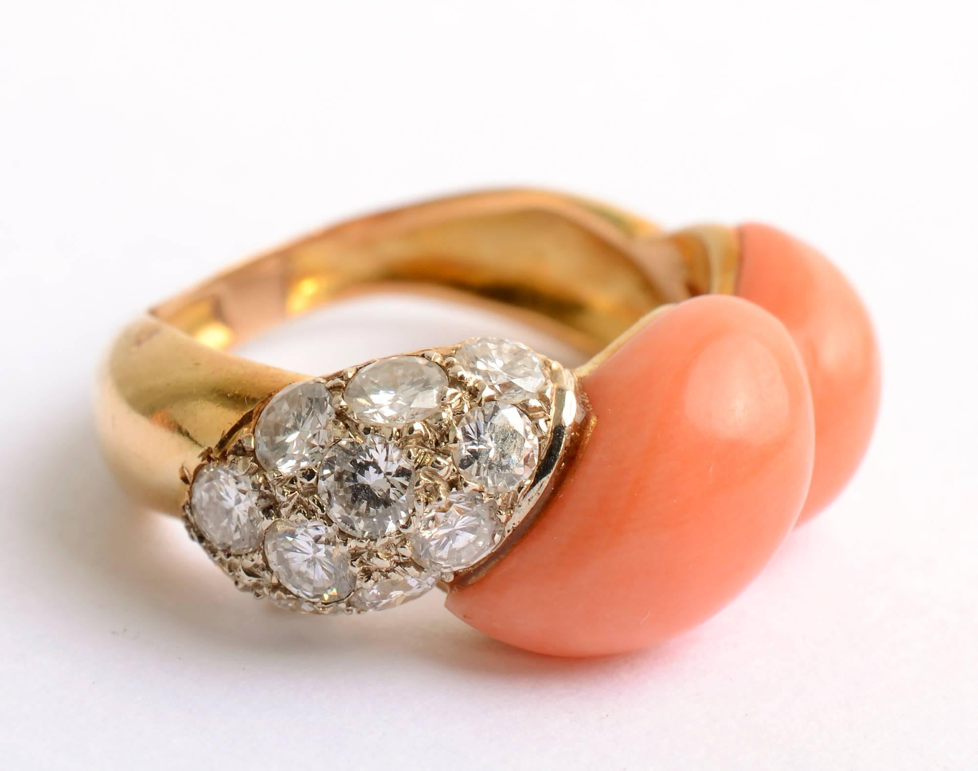Modern Coral and Diamond Gold Ring