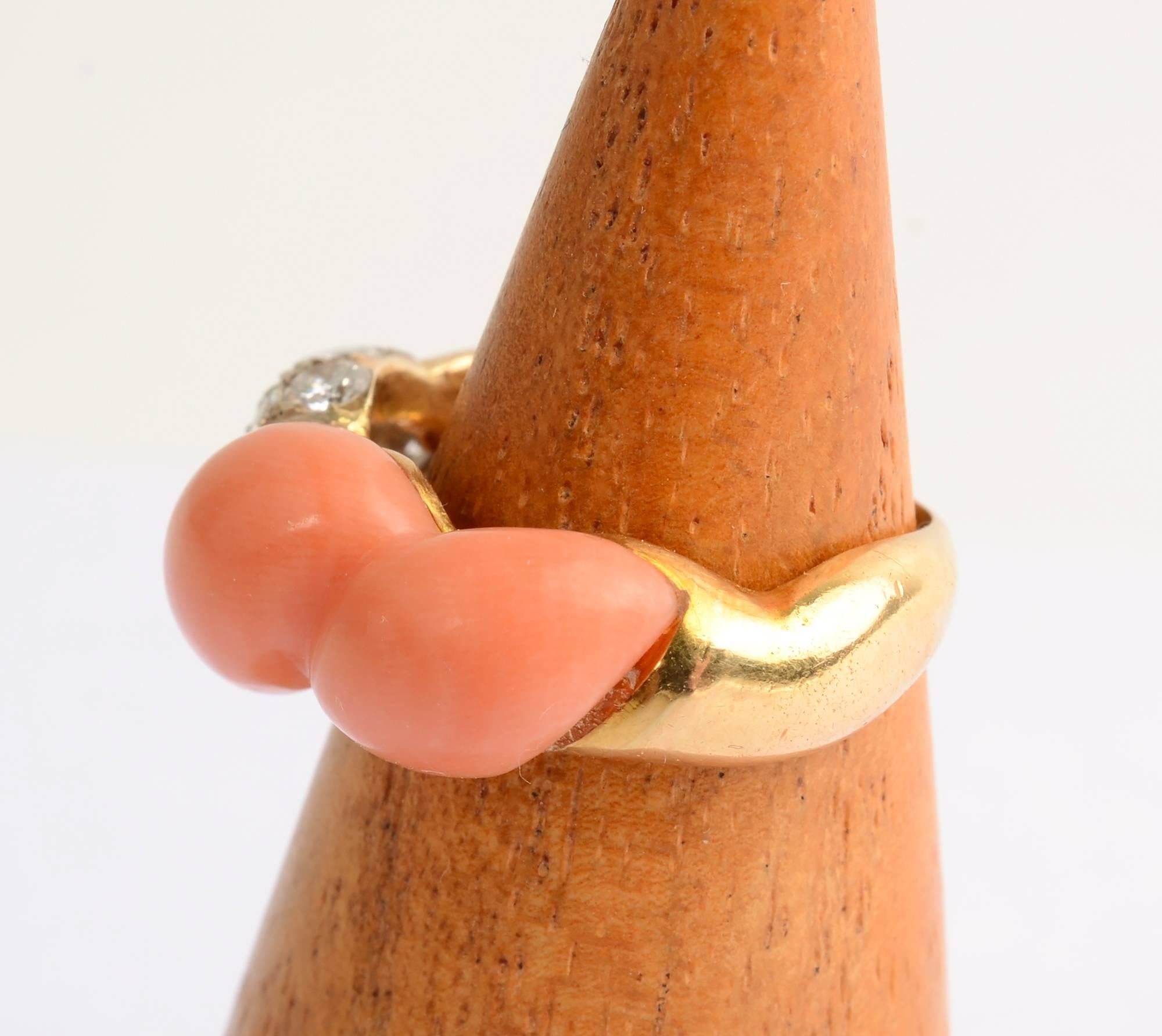 Coral and Diamond Gold Ring In Excellent Condition In Darnestown, MD