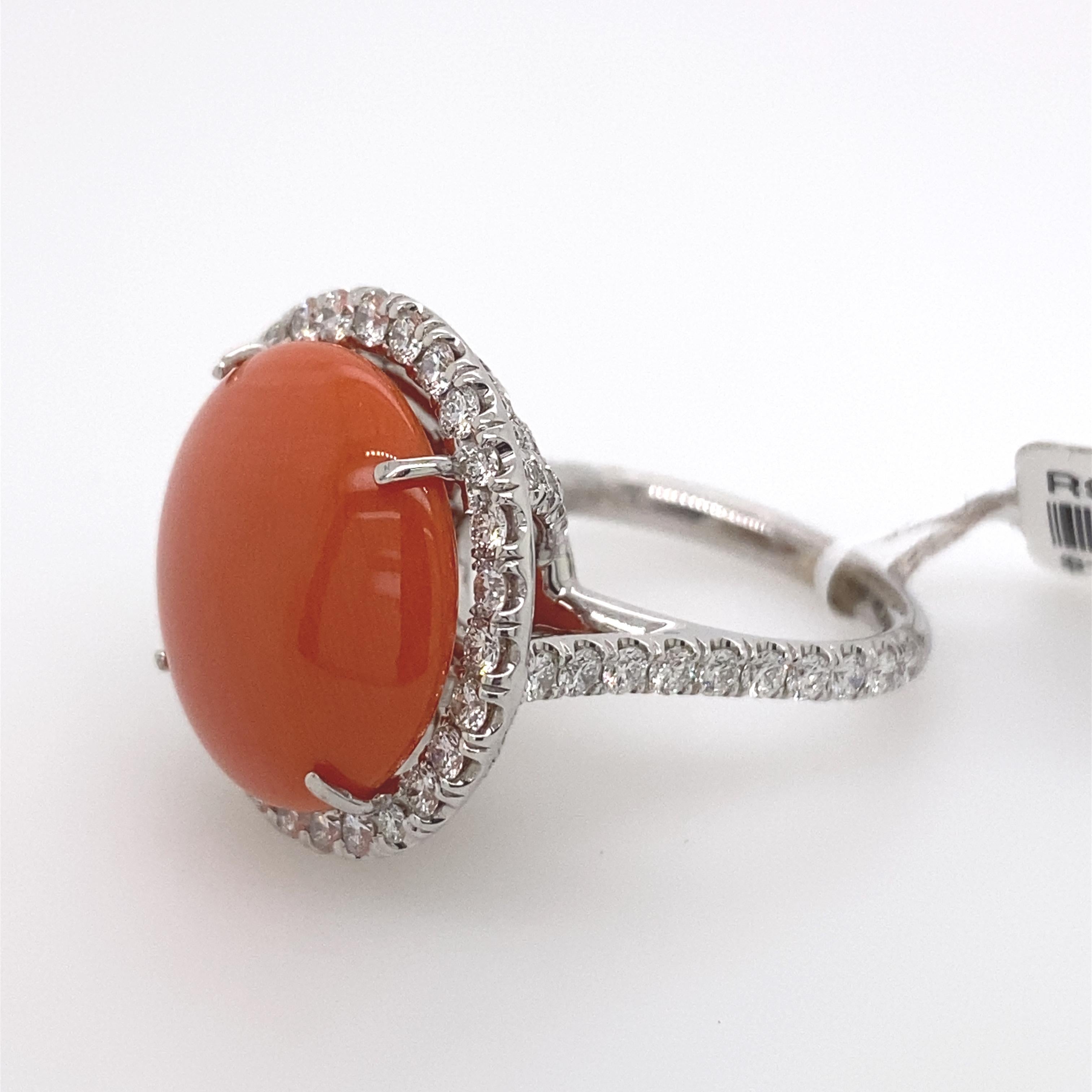 Contemporary Coral and Diamond Halo Ring 18 Karat White Gold