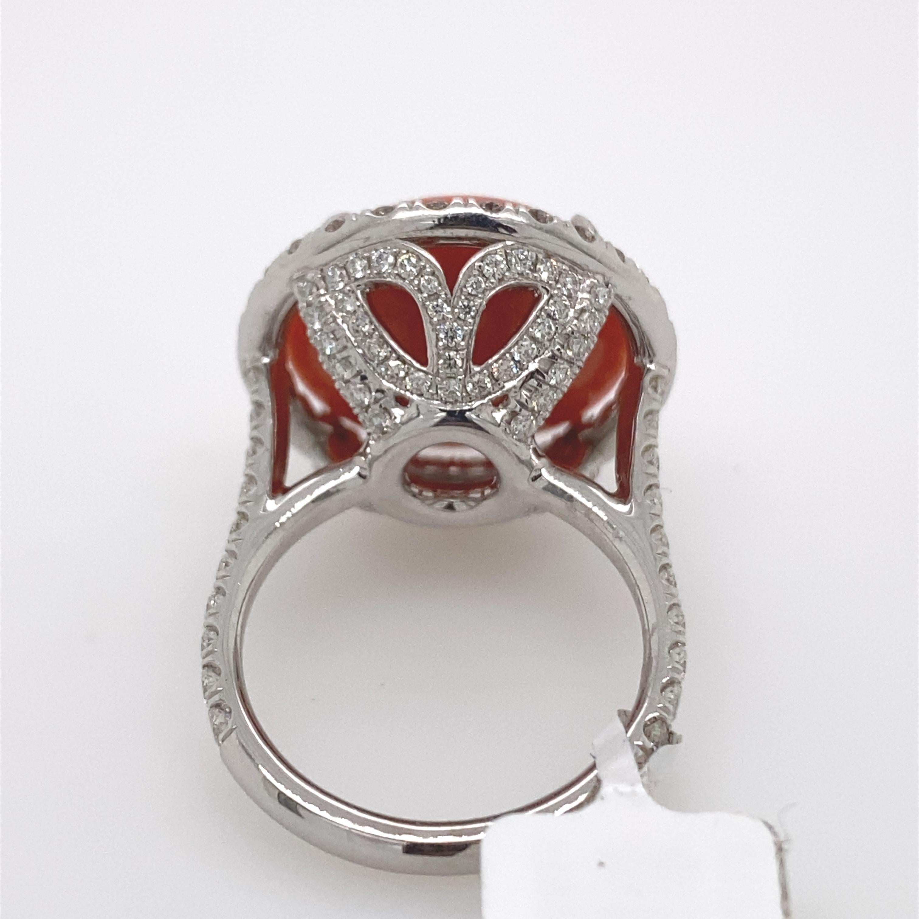 Cabochon Coral and Diamond Halo Ring 18 Karat White Gold