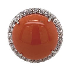 Coral and Diamond Halo Ring 18 Karat White Gold