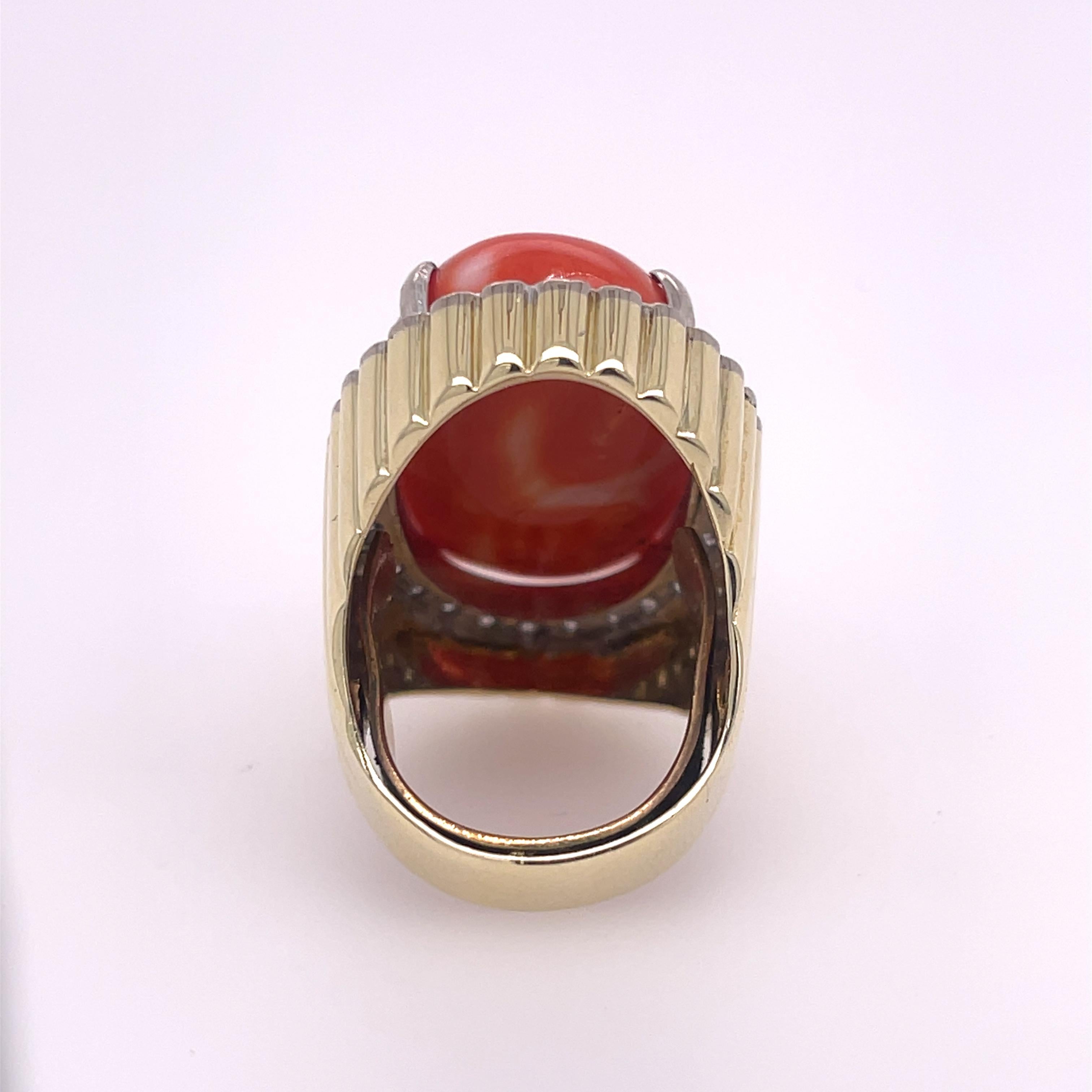 Modern Coral and Diamond Halo Ring For Sale