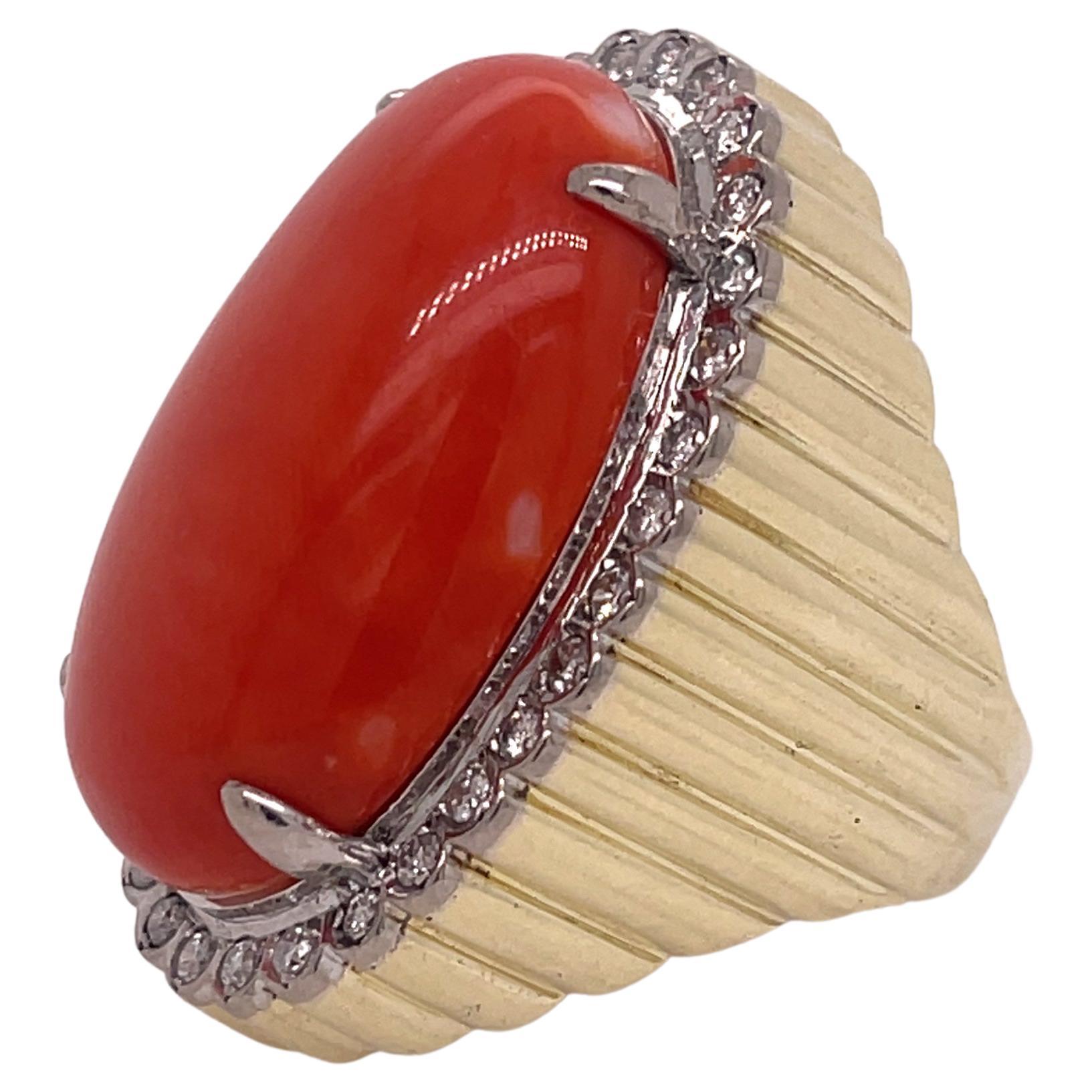 Coral and Diamond Halo Ring For Sale