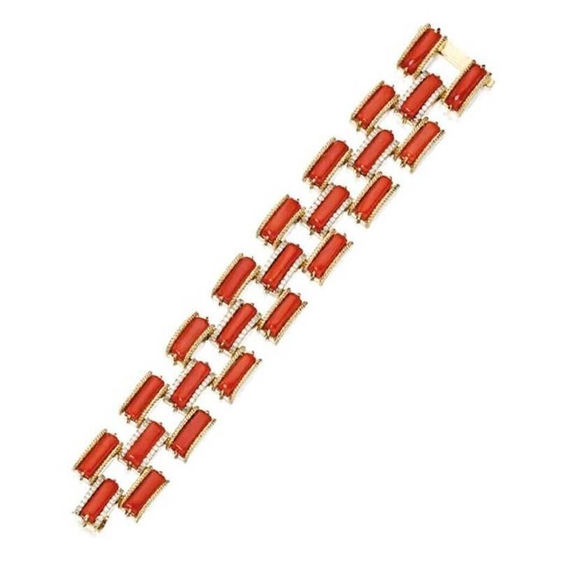 Coral and Diamond Link Bracelet For Sale