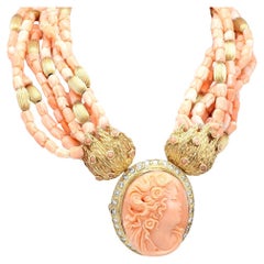 Coral and Diamond Pendant-Brooch with Carved Coral Bead Necklace