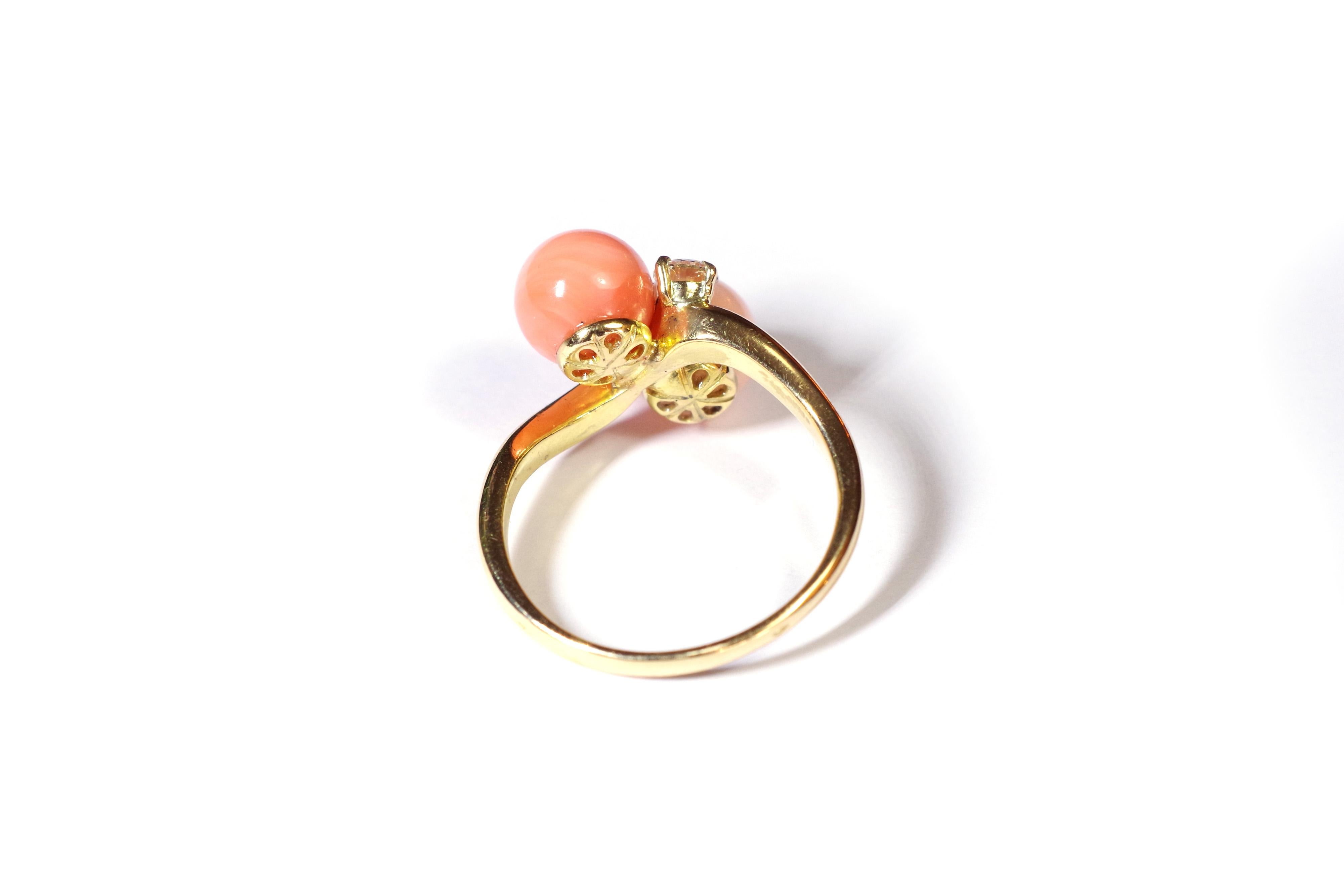 Bead Coral and Diamond Ring in 18k Gold, Angel Skin Coral