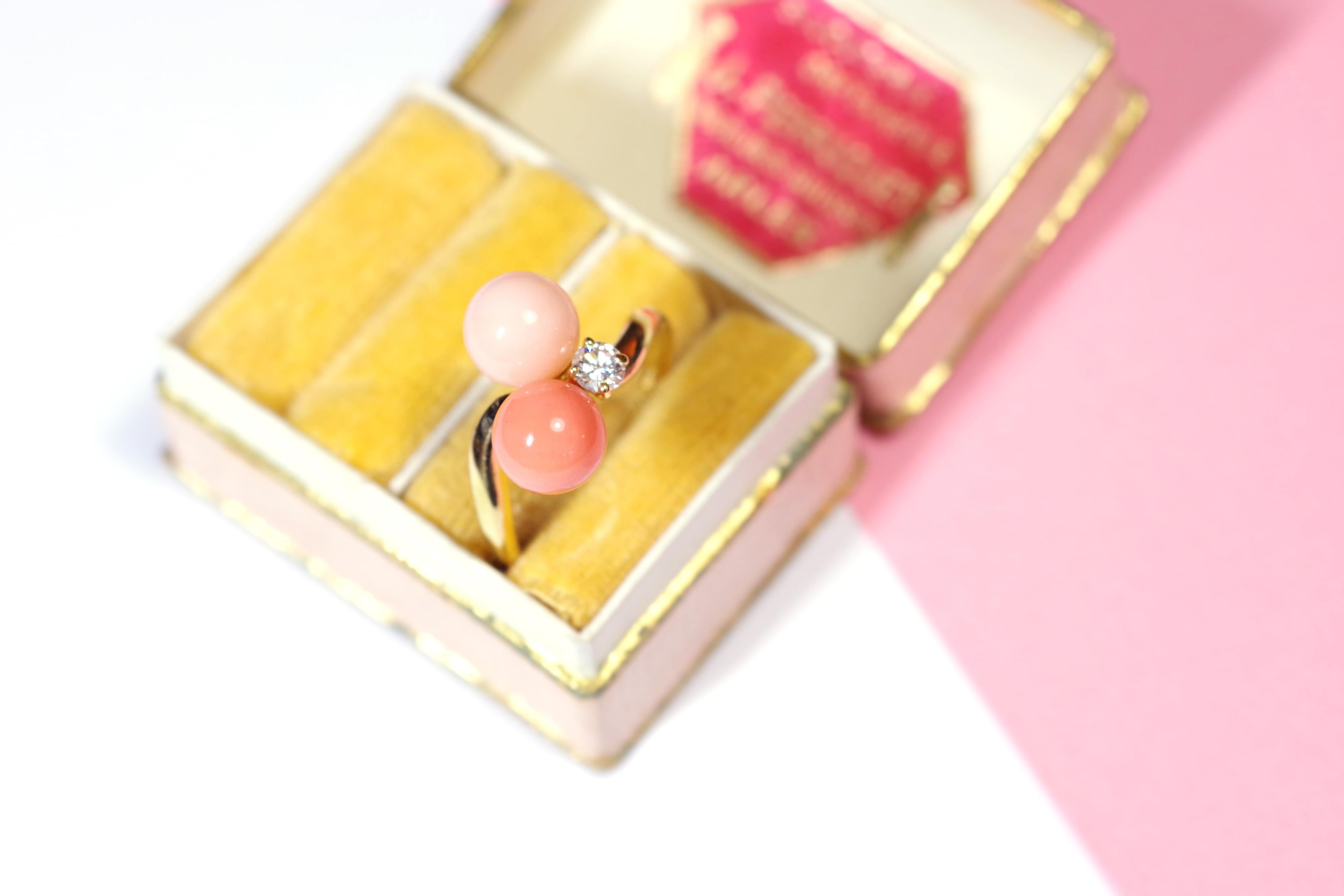 Women's Coral and Diamond Ring in 18k Gold, Angel Skin Coral