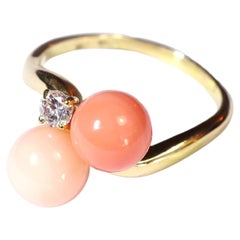 Coral and Diamond Ring in 18k Gold, Angel Skin Coral