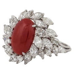Coral and Diamond Ring in Platinum