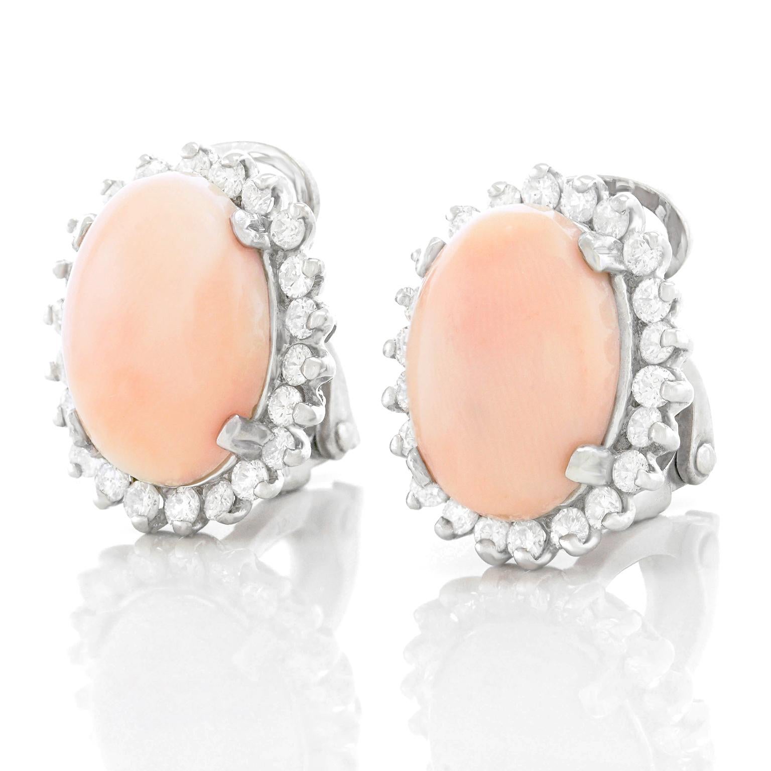 Cabochon Coral and Diamond-Set Gold Earrings