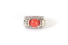Coral and diamond tank ring in 18k gold and platinum, rose cut diamonds