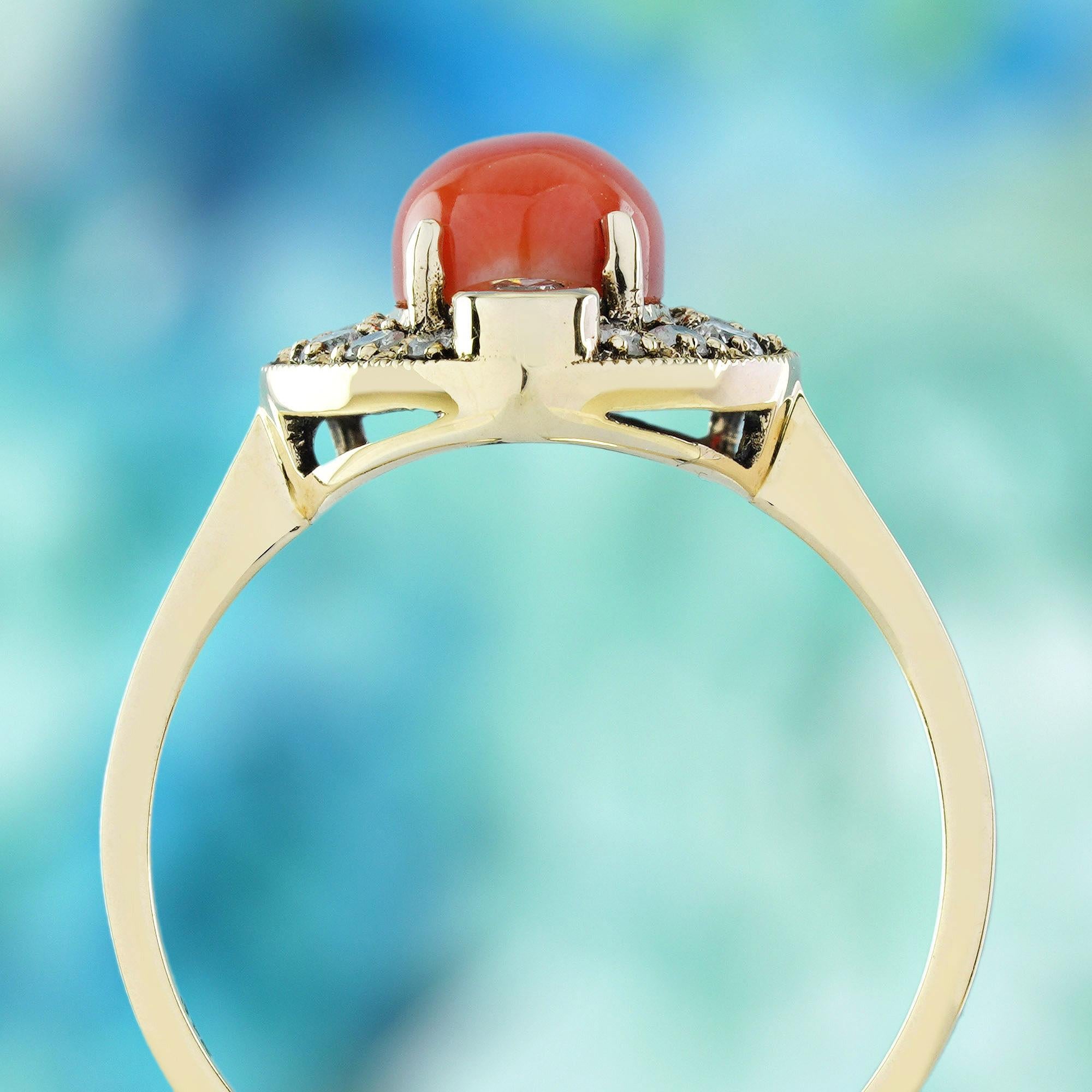 Koralle und Diamant Vintage Style Herz Ring in massivem 9K Gelbgold im Zustand „Neu“ im Angebot in Bangkok, TH